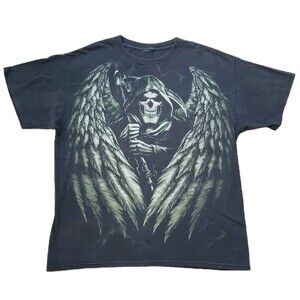 Vintage Y2K Grim Reaper Wings Size L-XL Mens Black Thrashed T-Shirt Grunge Urban